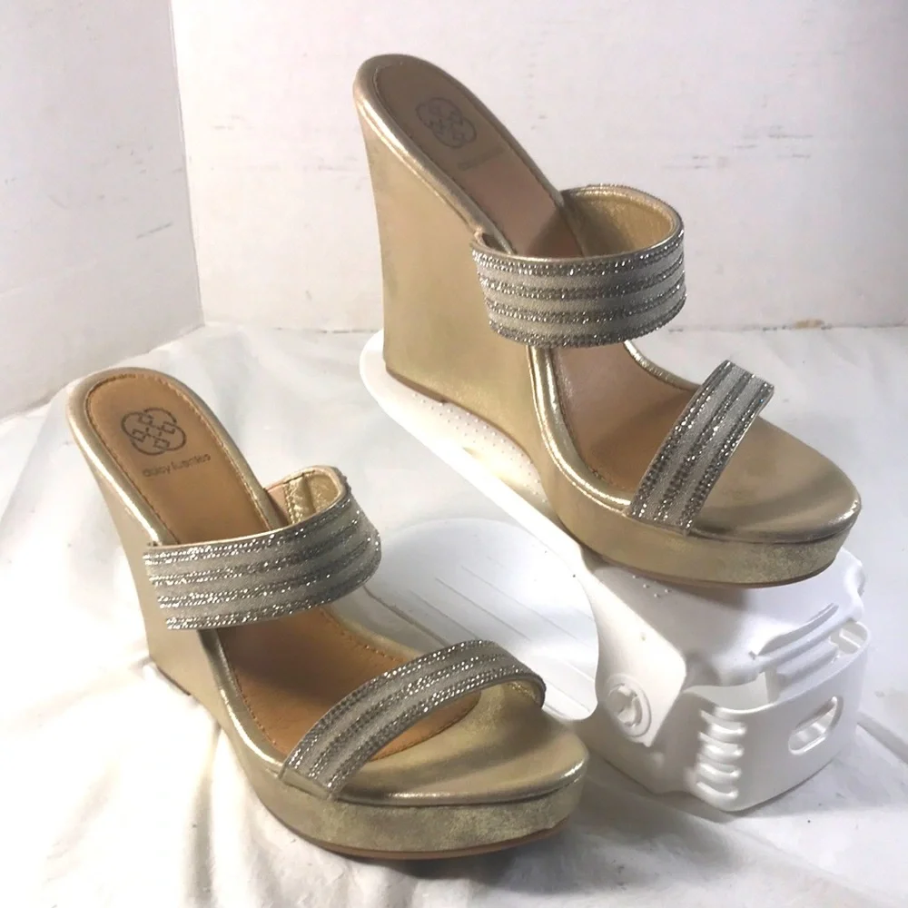 Daisy Fuentes Women’s Metallic Gold High Wedge Sandals with Rhinestone Accents - Picture 1 of 9